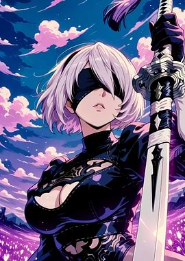 2B with Sword Under Pink Clouds