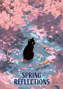 Black Cat and Koi Fish in Cherry Blossom Pond