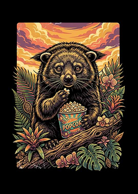 Raccoon Eating Popcorn in Tropical Setting