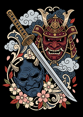 Samurai and Oni Masks with Katana
