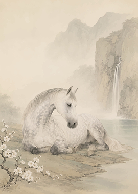 Serene Horse by Waterfall
