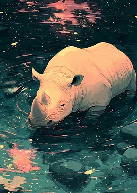 Rhino in Water Vintage painting