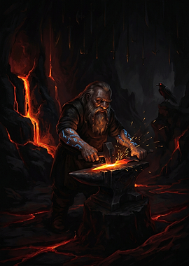 Dwarf Blacksmith Forging Metal in Lava Cave