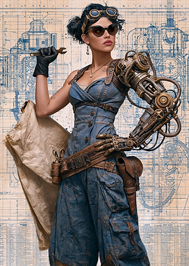 Steampunk Mechanic Woman with Prosthetic Arm
