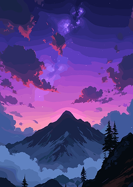 Mountain peak at sunset with starry sky