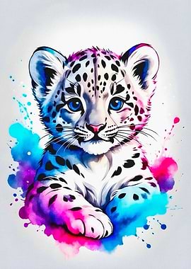 Cute Snow Leopard Cub Watercolor