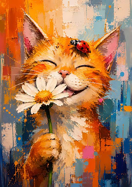 Happy Cat with Daisy and Ladybug