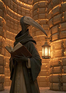 Plague Doctor Reading in Ancient Library