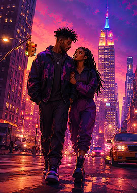 Couple walking in New York City at sunset