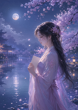 Serene Night Scene with Woman and Cherry Blossoms