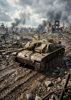 World War II Tank in Ruined City