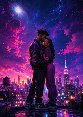 Couple Embracing on Rooftop Over City