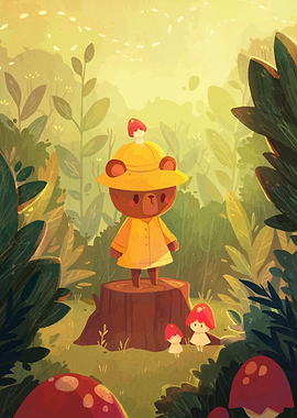 Bear in a yellow raincoat in a forest