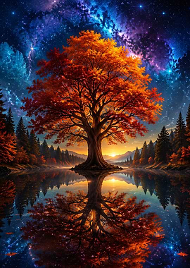 Magical Autumn Tree Under Starry Sky