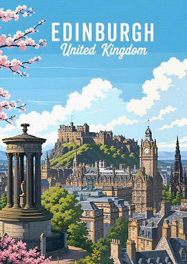 Edinburgh Cityscape with Castle and Cherry Blossoms