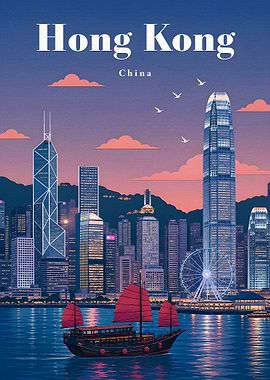 Hong Kong Skyline with Junk Boat