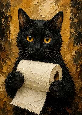 Black Cat Holding Toilet Paper