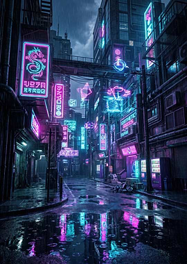 Cyberpunk City Street at Night