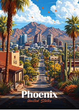 Phoenix Cityscape with Mountains and Palm Trees