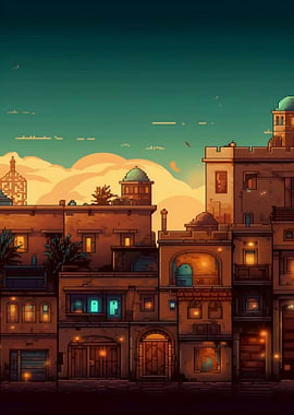 Pixel Art Cityscape at Dusk