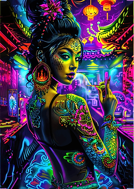 Neon Geisha with Tattoos