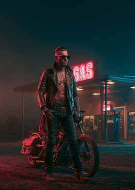 Biker at a Retro Gas Station