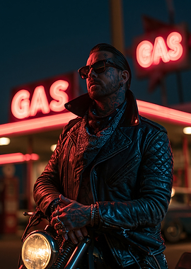 Man in Leather Jacket at Gas Station