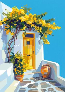 Greek Courtyard with Yellow Door and Flowers