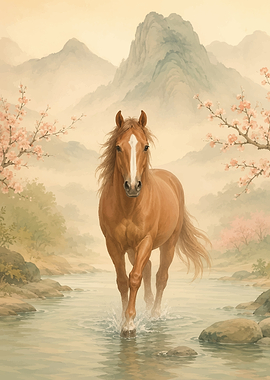 Horse in a Stream with Cherry Blossoms
