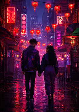 Couple walking in a neon city