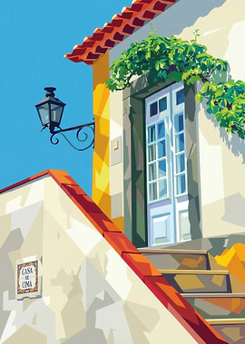 Portuguese House Facade with Stairs and Lamp