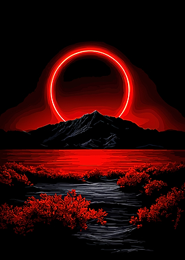 Red Eclipse Over Mountain Lake