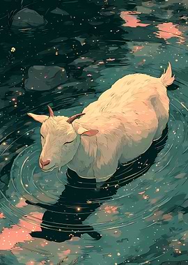Goat in serene water Vintage painting