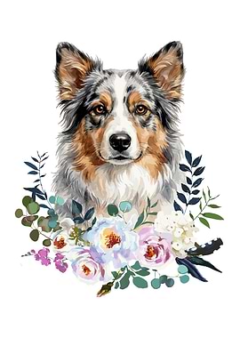 Watercolor Australian Shepherd with Flowers