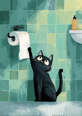 Black cat plays with toilet paper