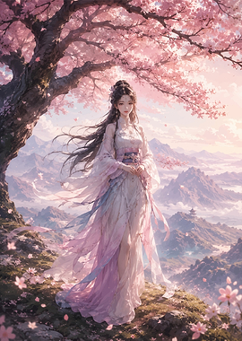 Woman in Cherry Blossom Landscape
