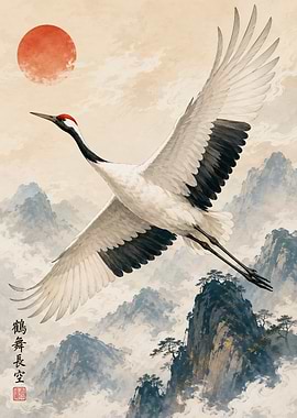 Crane flying over mountains