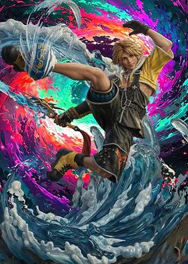 Tidus in Action with Water and Cosmic Background