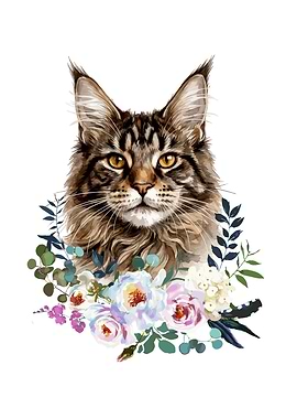 Maine Coon Cat with Flowers