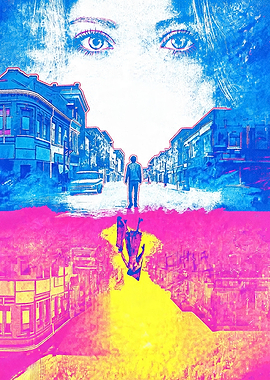 Surreal Cityscape with Eyes and Falling Figure