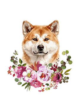 Akita Dog with Floral Wreath