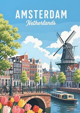 Amsterdam Canal Scene with Tulips