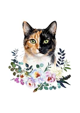 Trikolor Calico Cat with Flowers