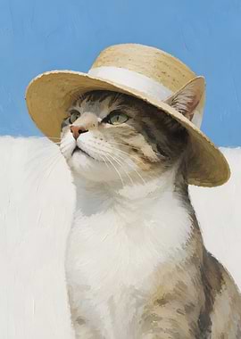 Cat Wearing a Straw Hat
