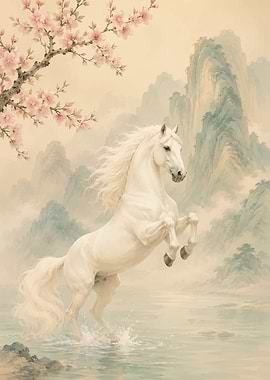 White Horse Rearing in Water with Cherry Blossoms