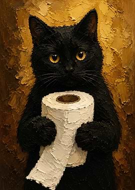 Black Cat Holding Toilet Paper
