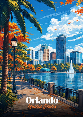 Orlando Skyline with Lake and Palm Tree