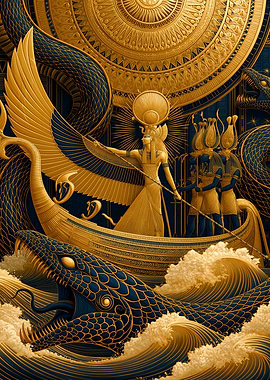 Egyptian Goddess Ra in Golden Boat