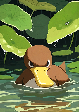 Cute Duck in Water with Lily Pads