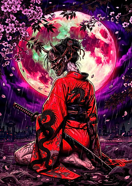 Oni Masked Samurai Woman in Red Kimono